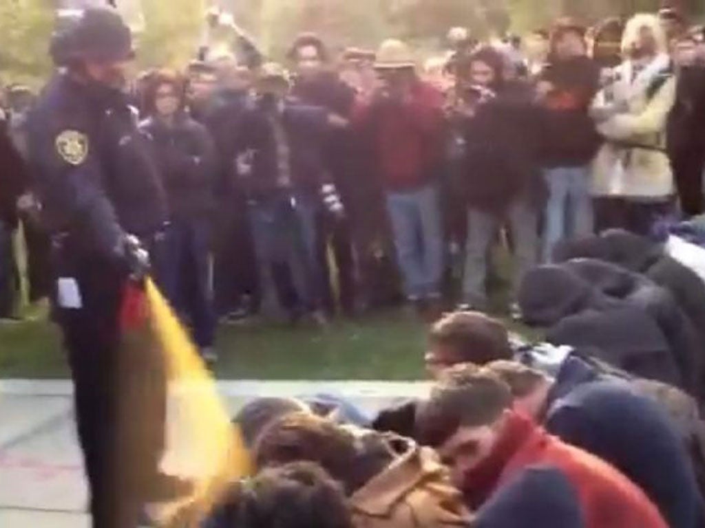 In this image made from video, a police officer uses pepper spray as he walks down a line of Occupy demonstrators sitting on the ground at the University of California