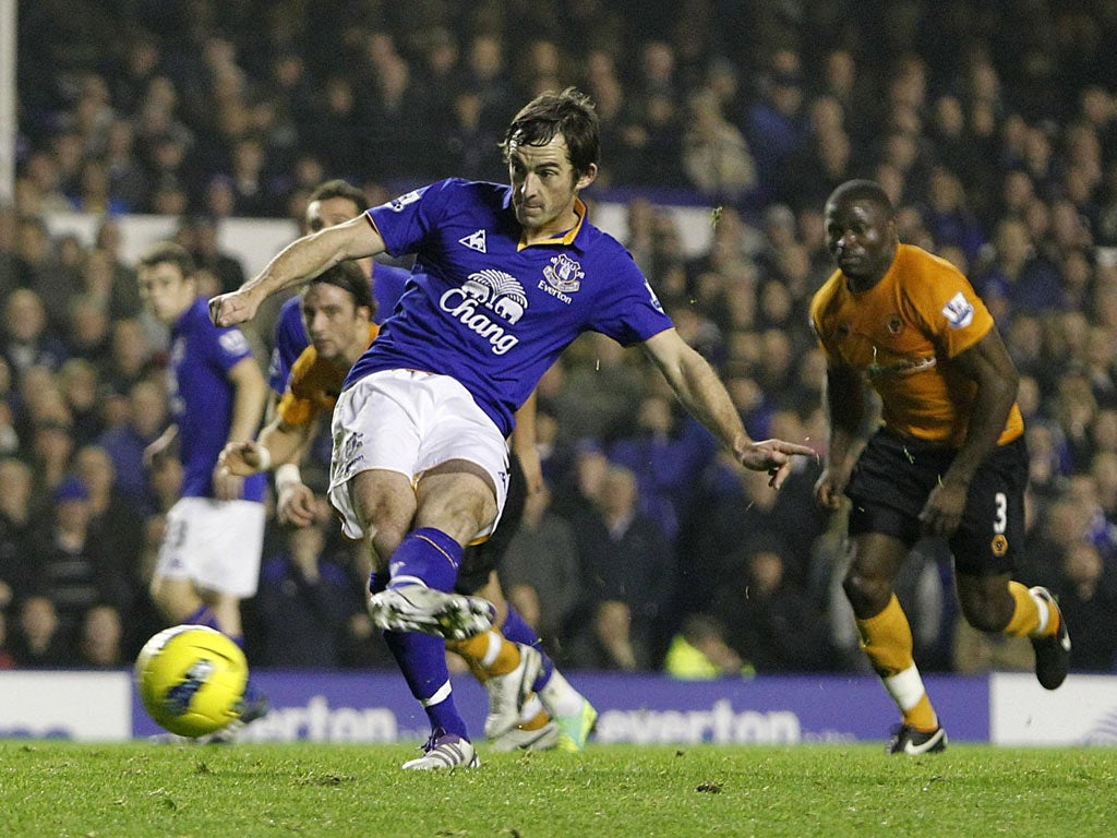 Leighton Baines scores from the spot to end Everton’s dire run of form
