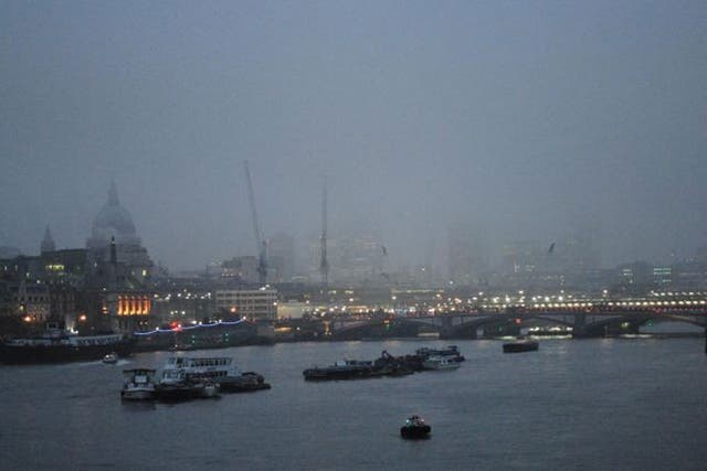 Heavy fog in central London this morning as airline passengers have been warned they may face disruption