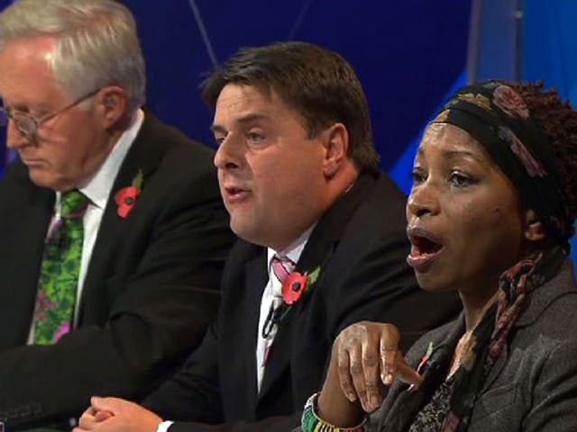 In the line of ire: David Dimbleby, Nick Griffin and Bonnie Greer on 'Question Time'