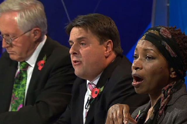 In the line of ire: David Dimbleby, Nick Griffin and Bonnie Greer on 'Question Time'