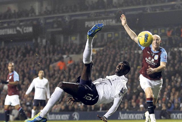 Emmanuel Adebayor scores his spectacular first goal against Aston Villa last night