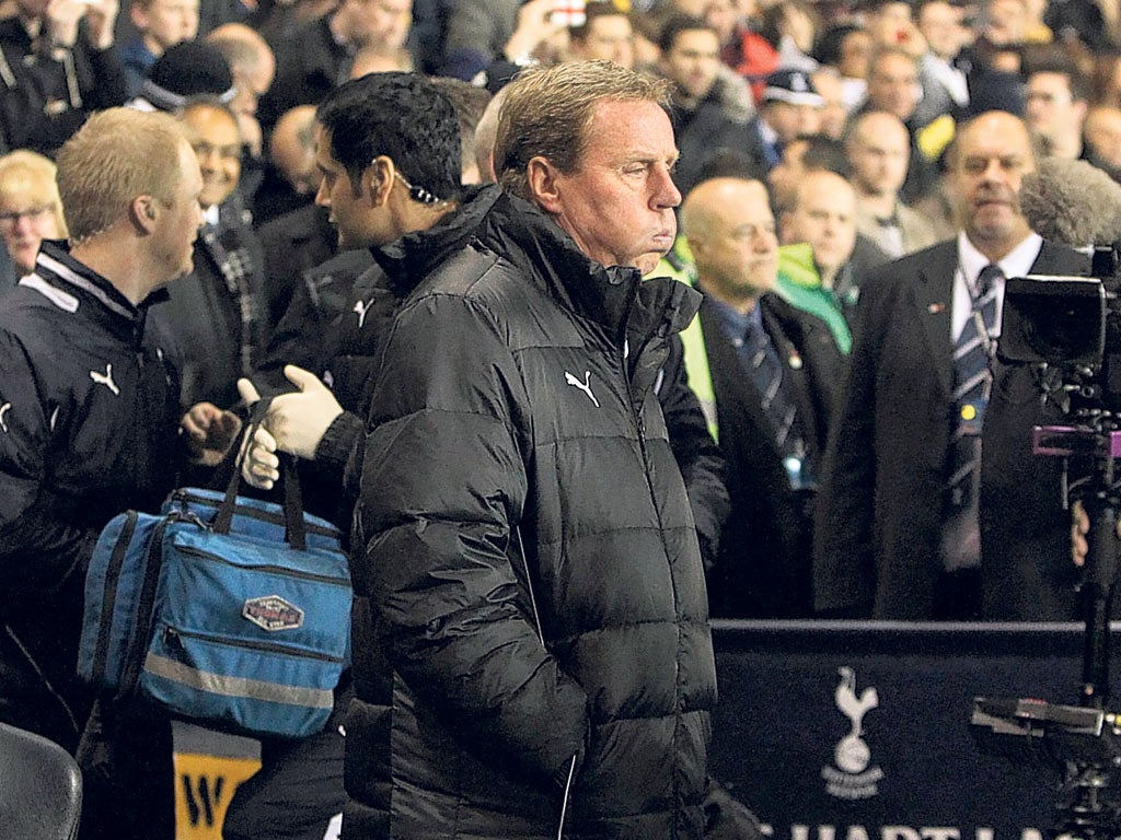 The Tottenham manager, Harry Redknapp, looks on last night during his side's comfortable victory against Aston Villa