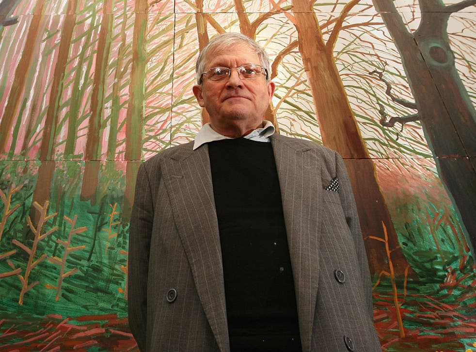 David Hockney with his oil painting, Bigger Trees Near Warter