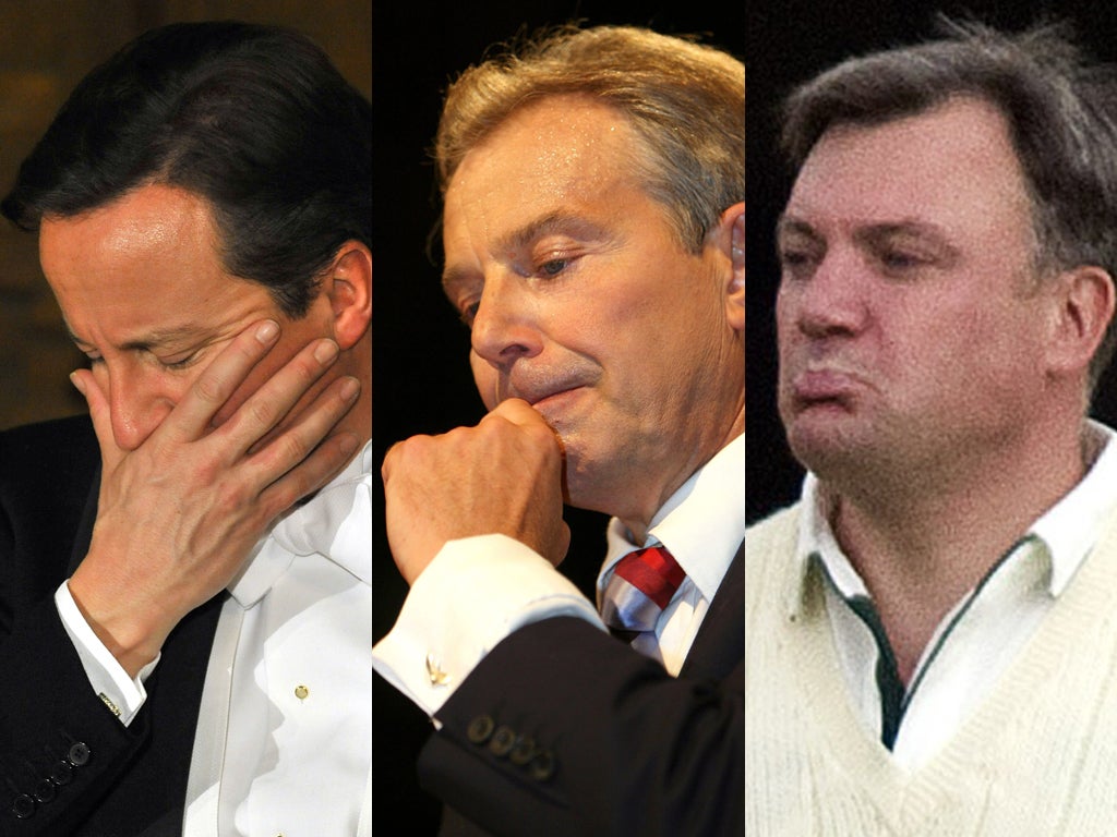 Welling up: David Cameron, Tony Blair and Ed Balls showing their sensitive sides