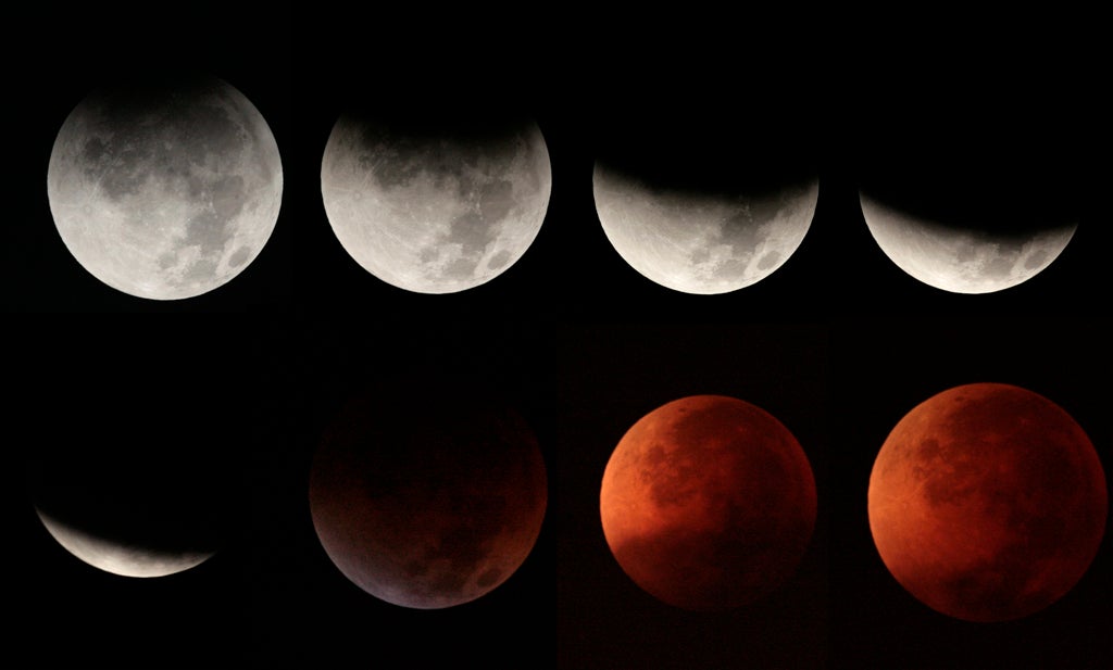 The moon enters into the earth's shadow in eight pictures, L to R, from fully lit to a total lunar eclipse over the village of Nicolas Romero in the early hours of August 28, 2007. Normally lit by reflected sunlight, the moon passed through the shadow of