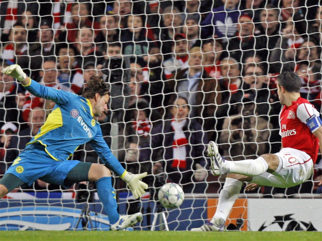 Robin van Persie's header gave Arsenal the lead. He later added a second