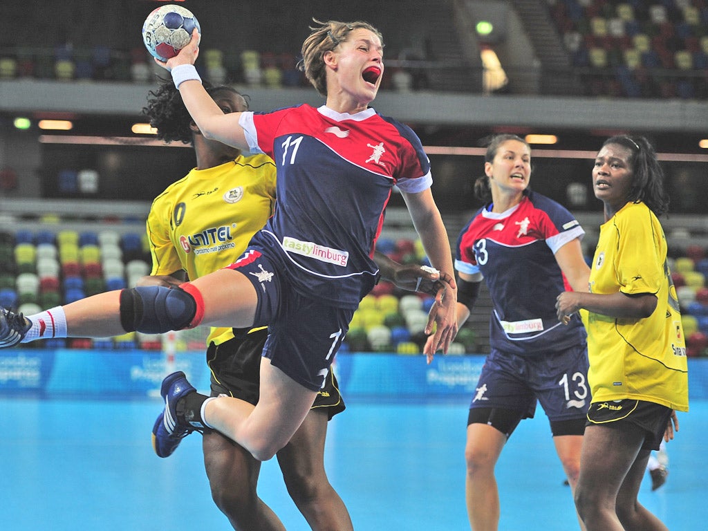 Britain's Lyn Byl shoots during the thrilling victory over Angola on day one of the London Handball Cup at the Olympic Park