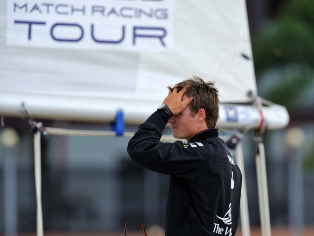 A distraught Torvar Mirsky after crashing out of the World Match Racing Tour finale in Kuala Terengganu, Malaysia