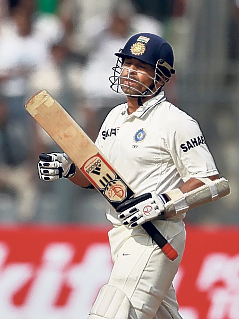 Sachin Tendulkar, out six short of his ton of tons, walks in yesterday