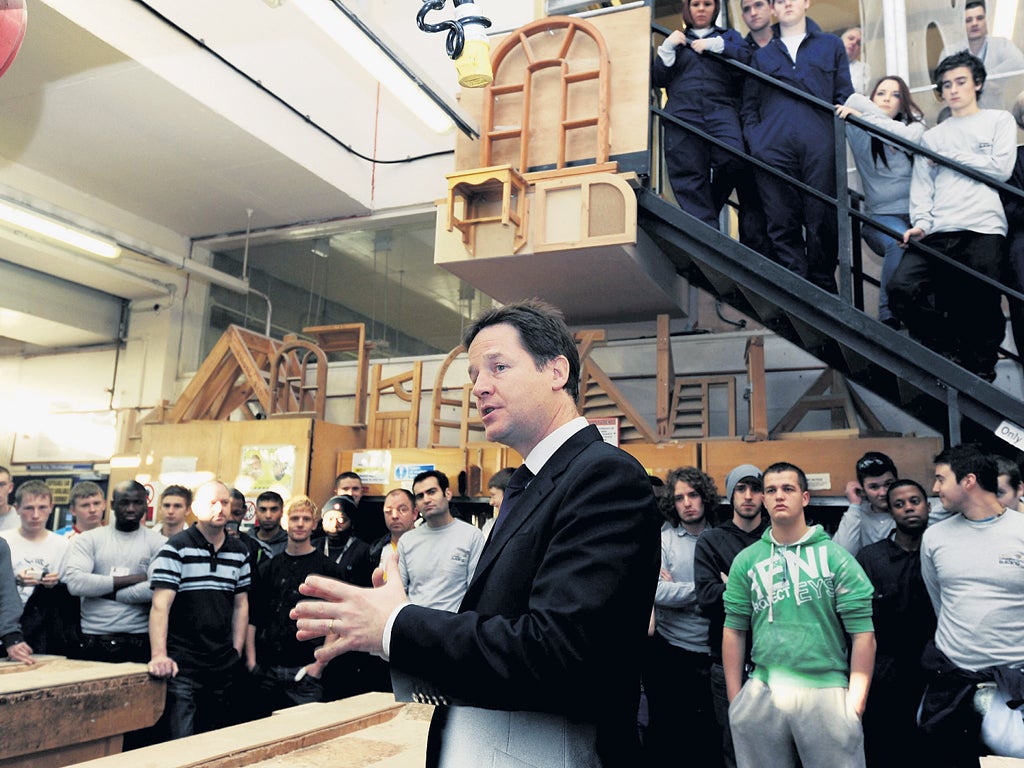 Nick Clegg, at Leeds College of Building yesterday, to launch The Youth Contract