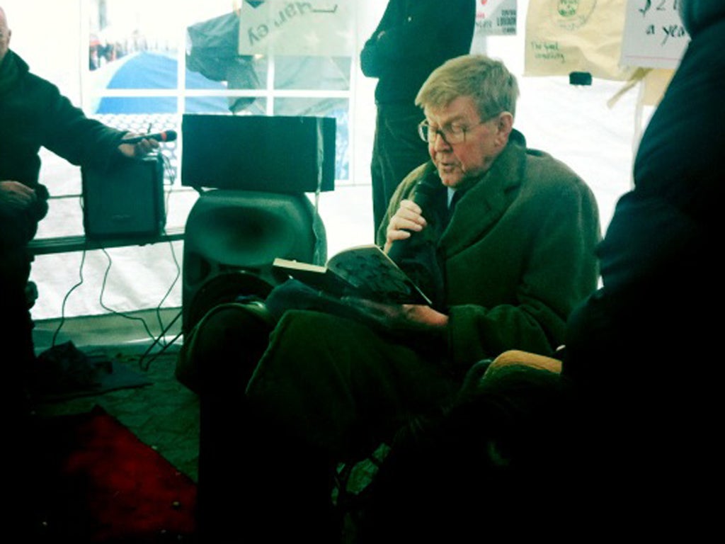Alan Bennett gives a reading at the Occupy London site yesterday