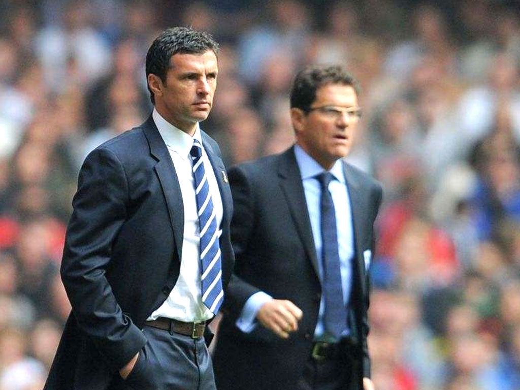 Wales manager Gary Speed alongside England counterpart Fabio Capello at the Euro 2012 qualifier in Cardiff in March