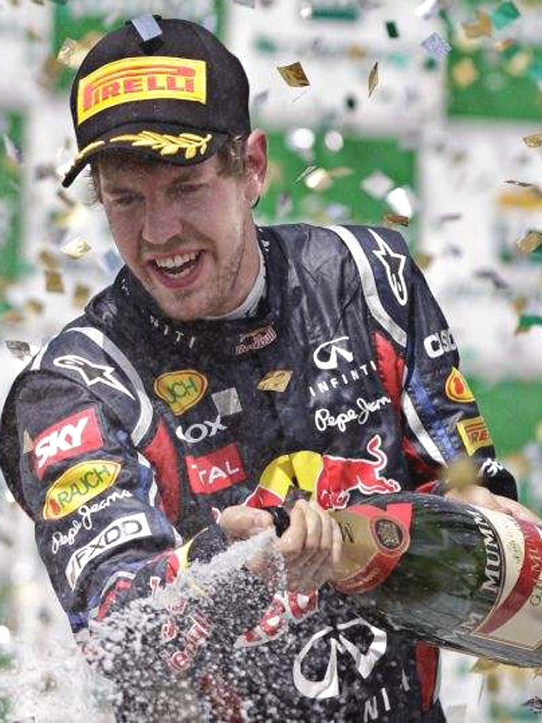 Germany’s Sebastian Vettel celebrates yet another grand prix victory for Red Bull, at Monaco earlier this season