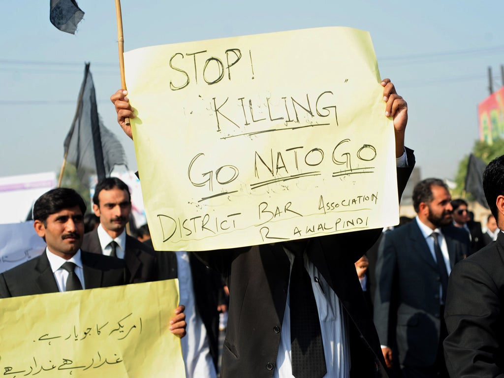 Lawyers march in an anti-US protest in Rawalpindi yesterday