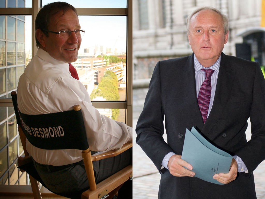 Richard Desmond, left, on Paul Dacre, right: 'He’s living in the past. He sells his paper on giving away M&S vouchers'