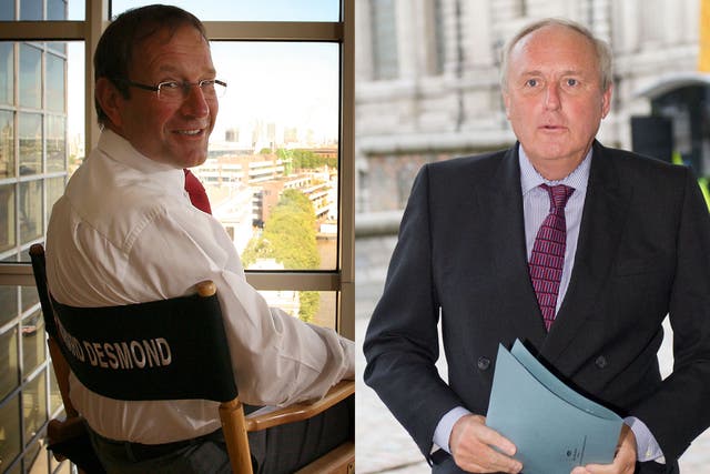 Richard Desmond, left, on Paul Dacre, right: 'He’s living in the past. He sells his paper on giving away M&S vouchers'
