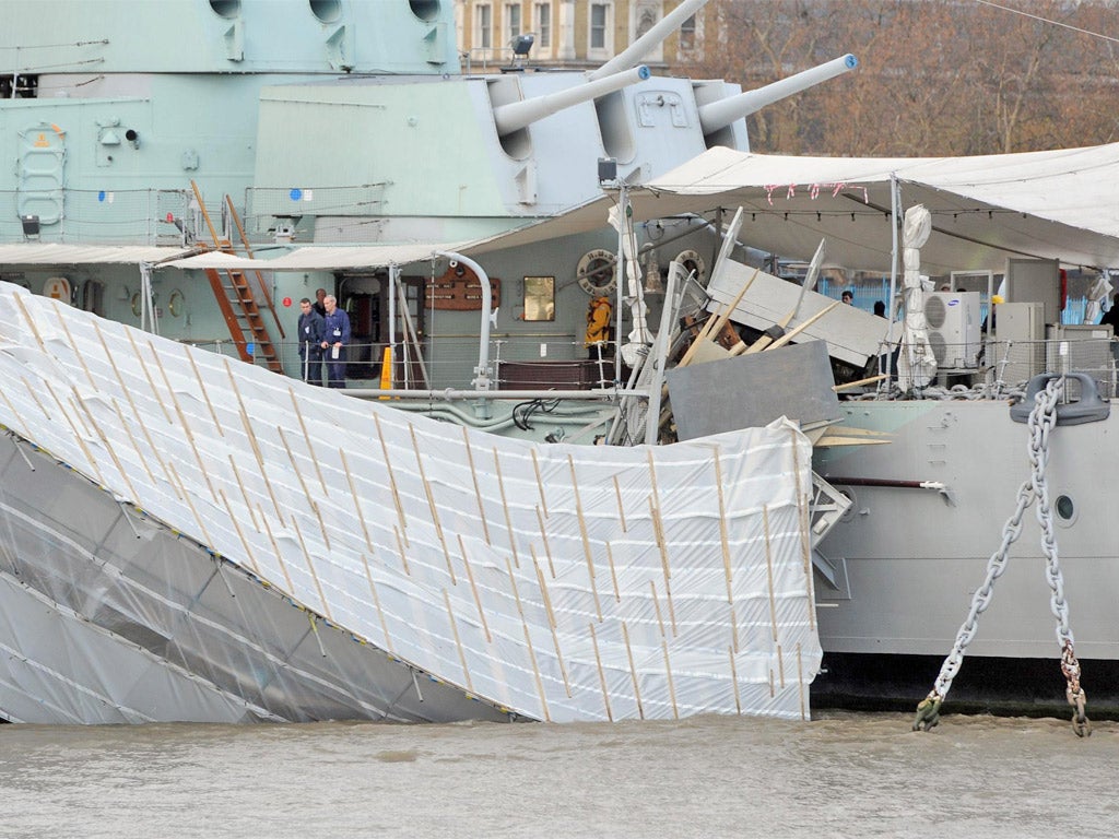 The gangway to HMS Belfast after it collapsed into the Thames