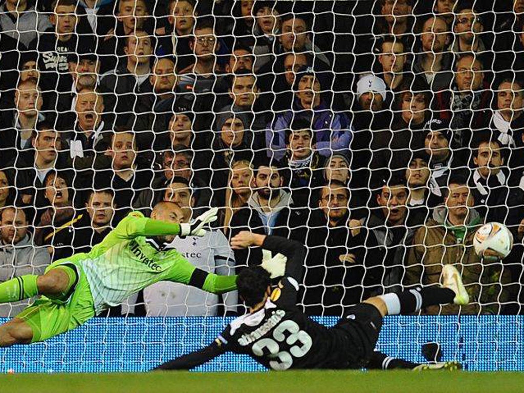 Stefanos Athanasiadis of PAOK scores their second goal against Spurs
