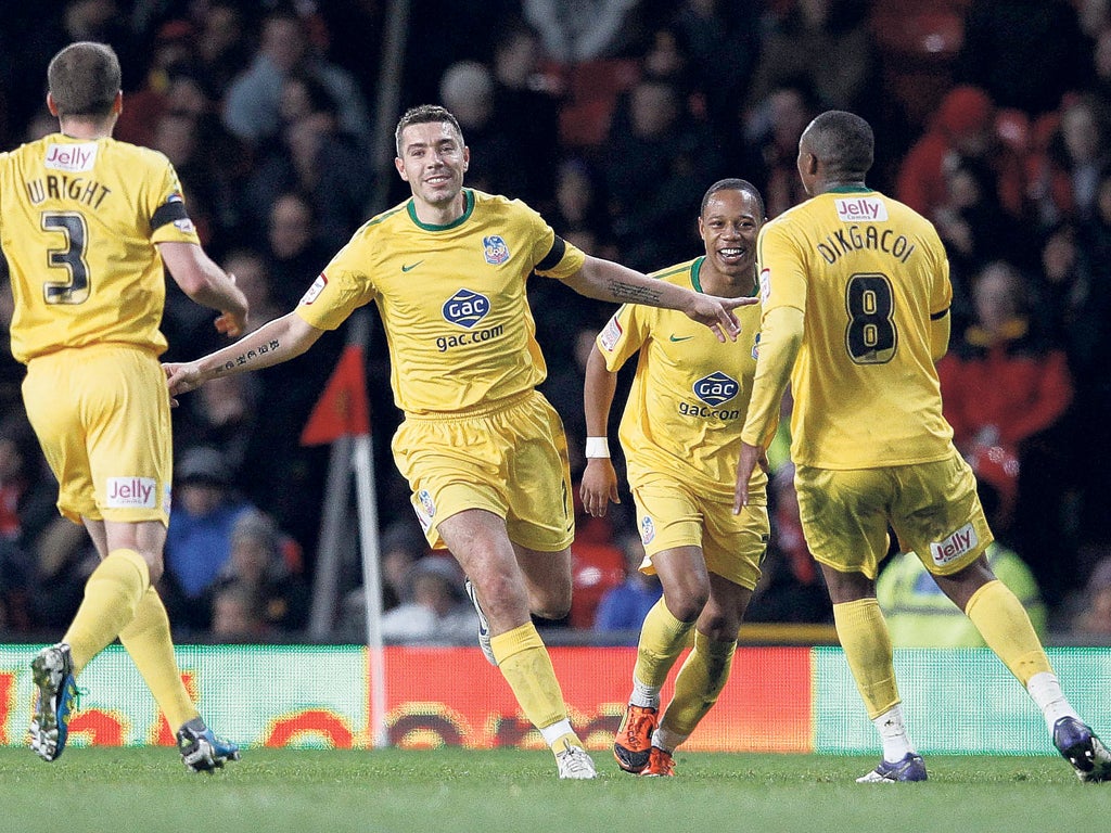 Darren Ambrose celebrates after giving Crystal Palace the lead with a stunning 30-yard shot