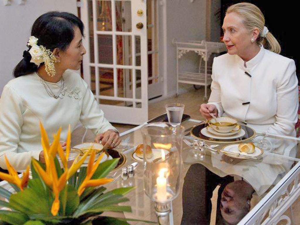 The US Secretary of State, Hillary Clinton, with Burma’s opposition leader, Aung San Suu Kyi
