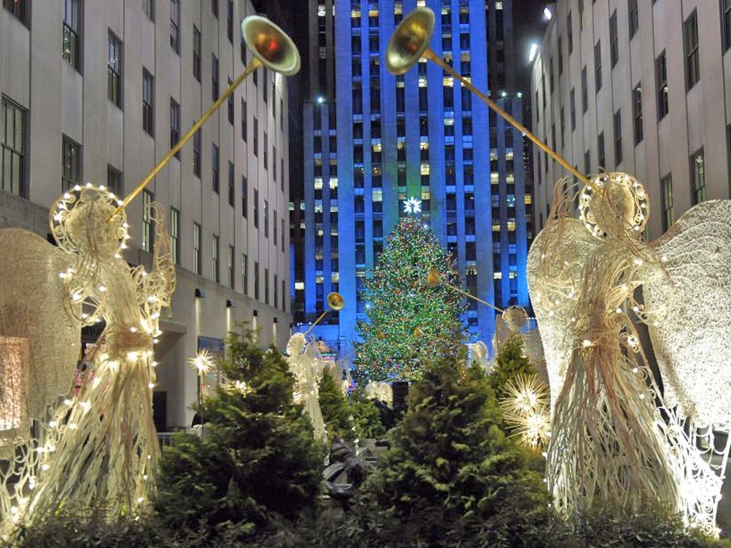 The Rockefeller Center Christmas tree stands lit during the 79th annual lighting ceremony in New York