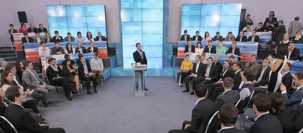 Dmitry Medvedev speaks to young scientists, innovators and entrepreneurs at the Skolkovo Moscow School of Management in October 2011