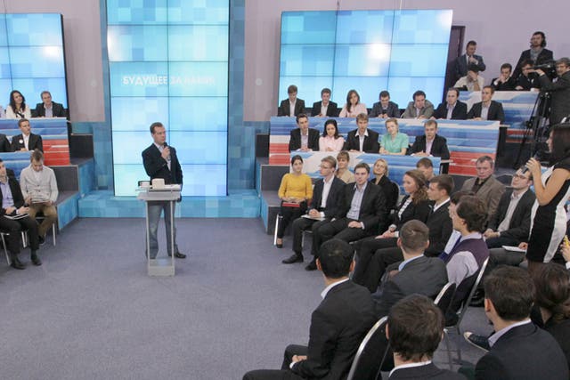 Dmitry Medvedev speaks to young scientists, innovators and entrepreneurs at the Skolkovo Moscow School of Management in October 2011