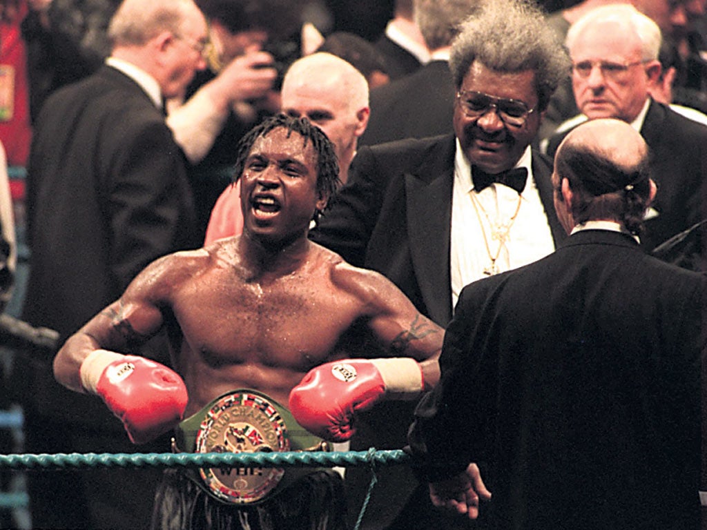 Nigel Benn celebrates after knocking out Gerald McClellan in 1995