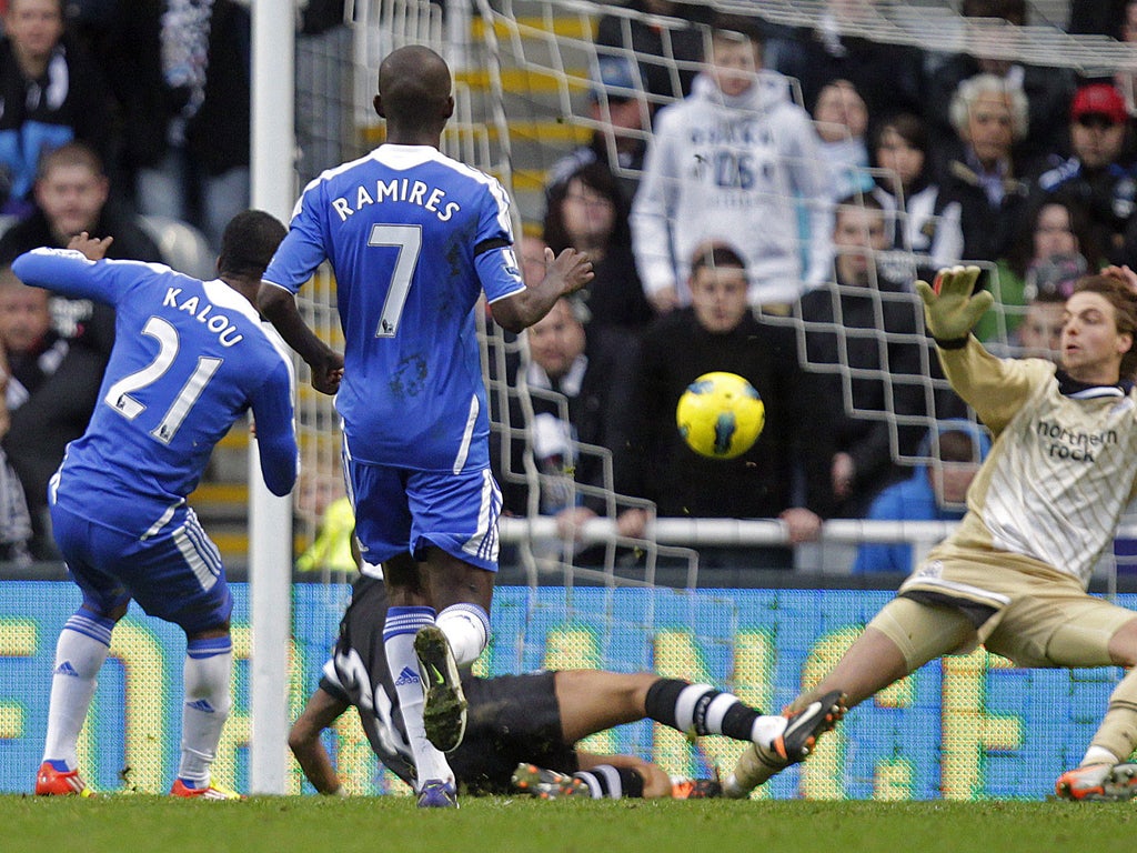 The excellent Tim Krul is beaten again as Salomon Kalou strikes Chelsea's second goal