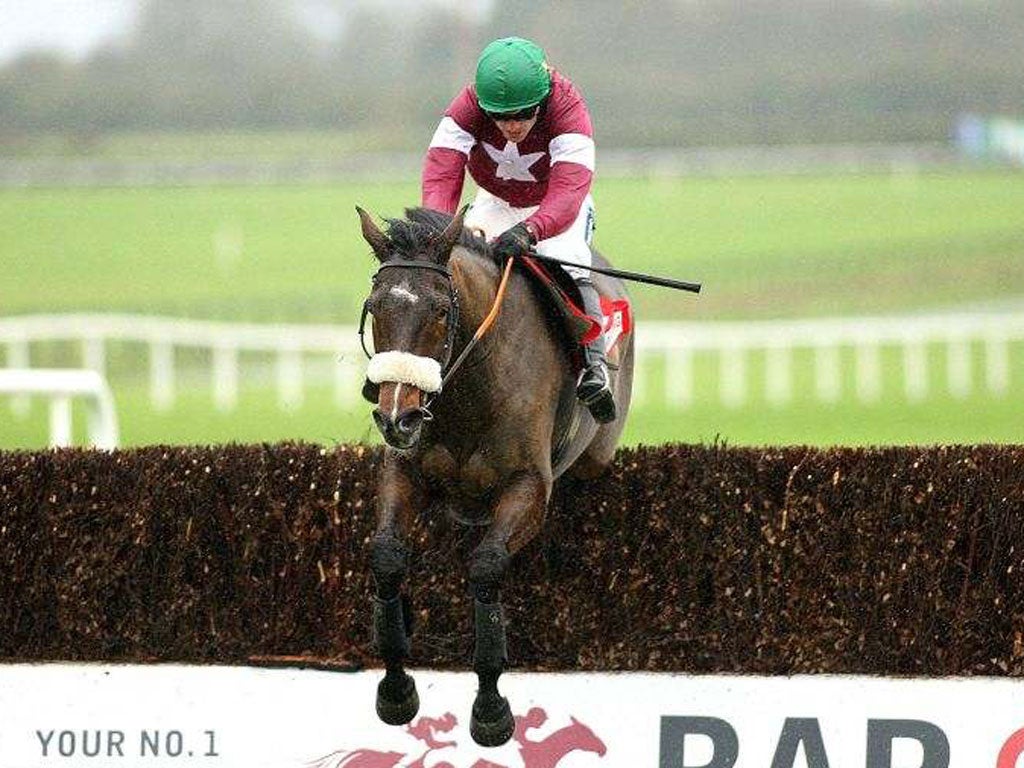 Bog Warrior ridden by Ruby Walsh jumps the last to win the Drinmore Novice Chase at Fairyhouse