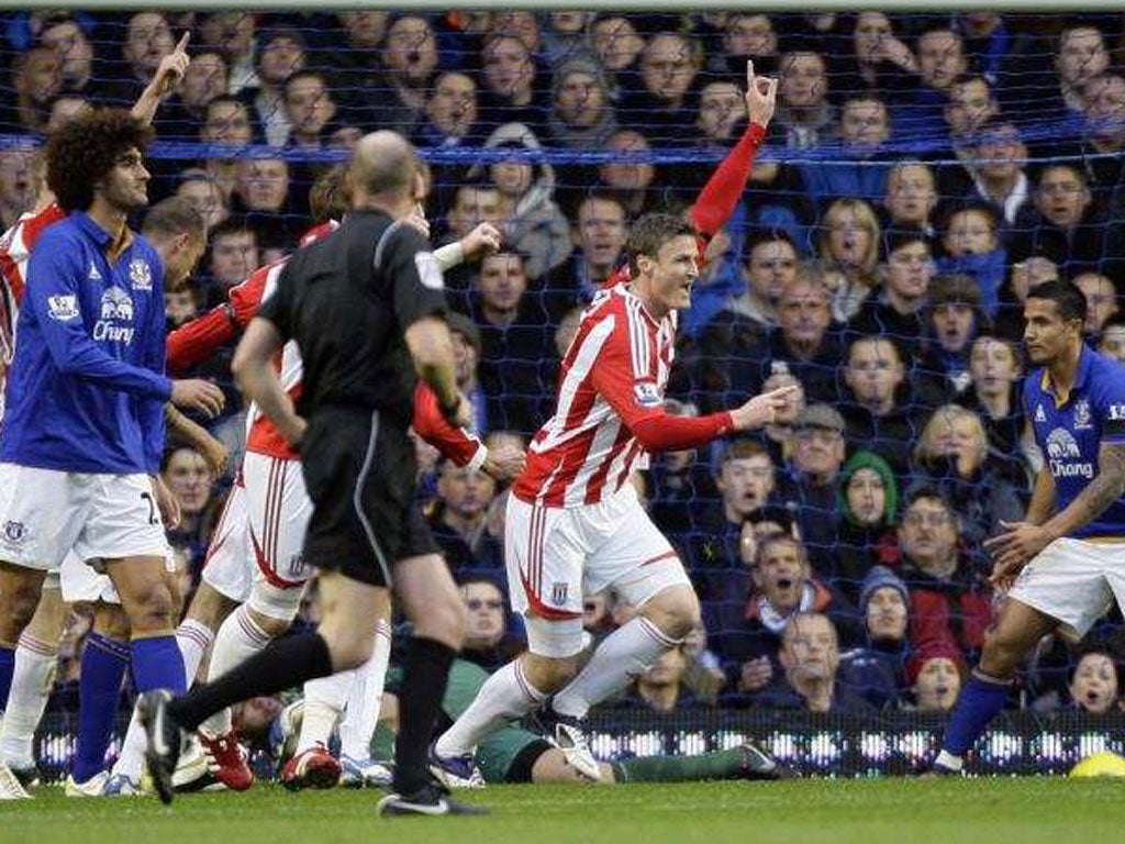 Stoke’s Robert Huth celebrates scoring the only goal at Goodison