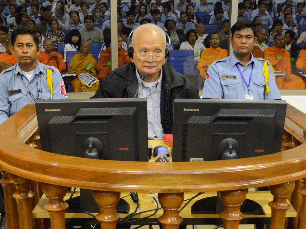Nuon Chea gives evidence to the tribunal in Phnom Penh yesterday