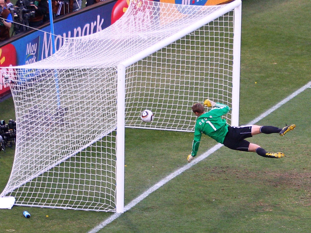 German goalkeeper Manuel Neuer watches Frank Lampard's strike bounce off the crossbar and over the line during the 2010 World Cup. The goal was disallowed and England were knocked out of the tournament
