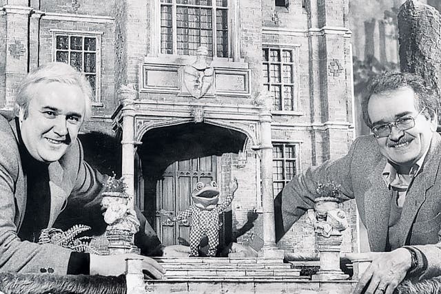 Hall, left, with Brian Cosgrove outside Toad Hall for their adaptation of 'Wind in the Willows'