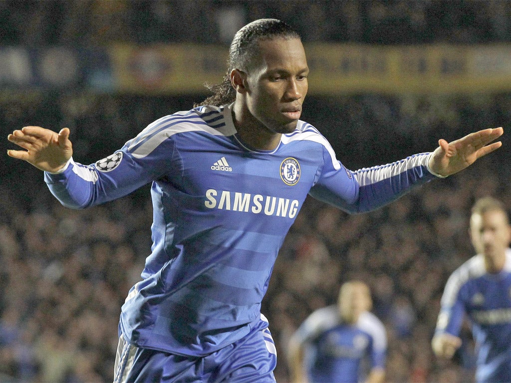 Didier Drogba celebrates giving Chelsea the lead on a night when he was back to his best
