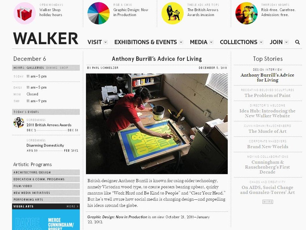 The Walker site mimics an arts magazine