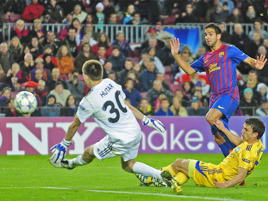 Barcelona's Martin Montoya scores against BATE Borisov on Tuesday