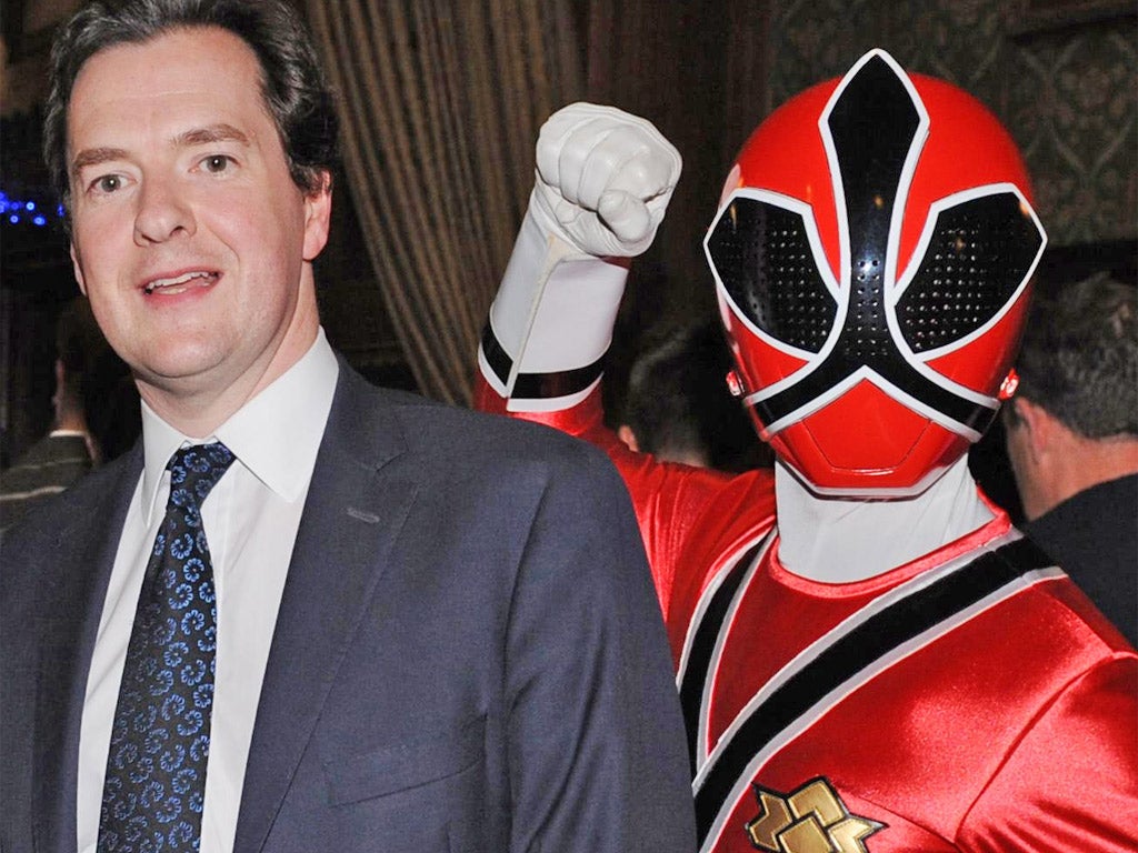 Mr Osborne encounters a Power Ranger at a children's party yesterday