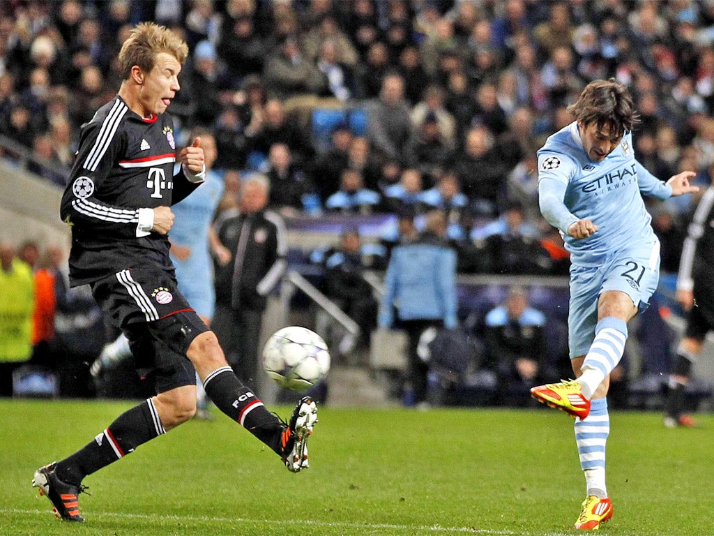 City's David Silva fires his side into the lead against Bayern Munich