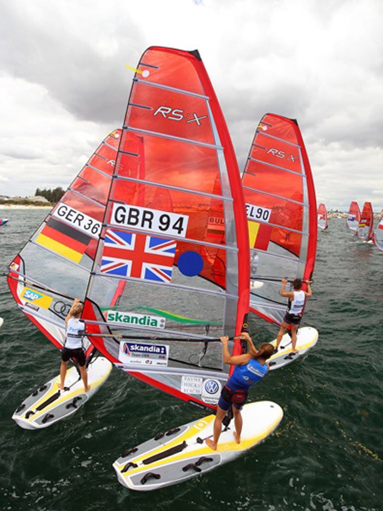 Britain’s 2008 bronze medallist Bryony Shaw slipped in light conditions at the windsurfer world championships off Fremantle