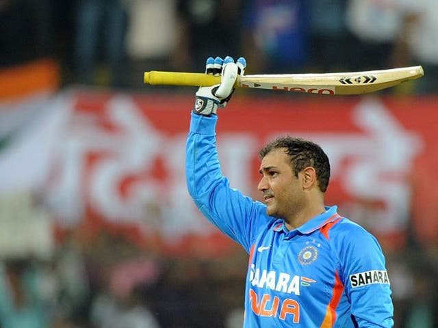 Virender Sehwag plundered 219 from 149 balls against West Indies in Indore