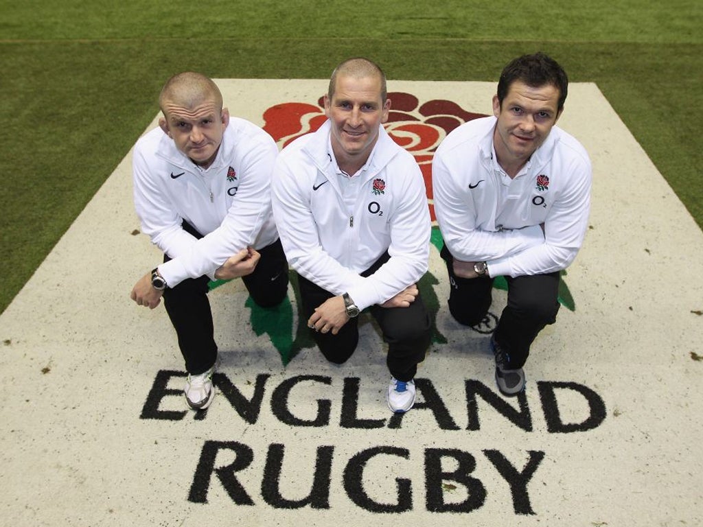 L-R: Graham Rowntree, Stuart Lancaster and Andy Farrell