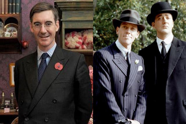 Jacob Rees-Mogg, left, appreciates the attire of Bertie Wooster and Jeeves