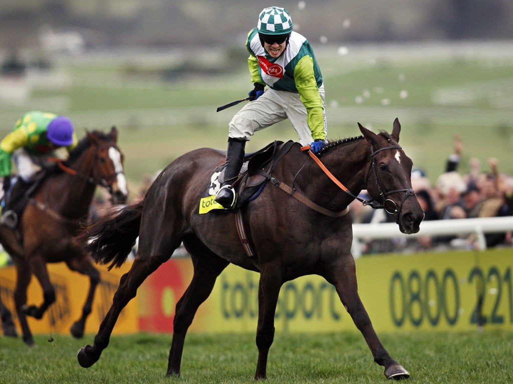 Denman's finest hour: Sam Thomas celebrates their epic Cheltenham Gold Cup victory in 2008