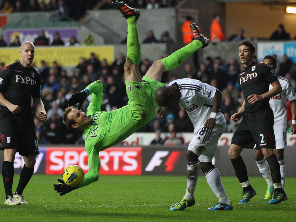 The Fulham goalkeeper, Mark Schwarzer, takes a tumble off the back of Swansea's Leroy Lita