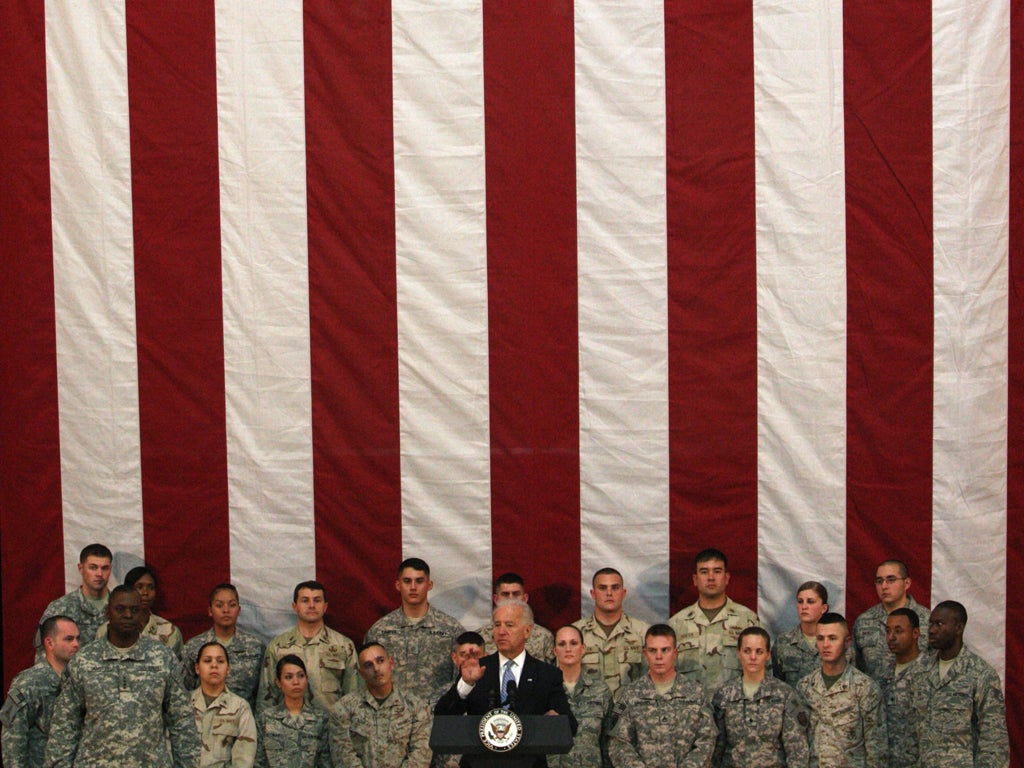 Iraqis have mocked Joe Biden, here addressing soldiers in Baghdad, for claiming great achievements for the US