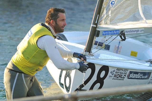 Ben Ainslie arrives back at the Royal Perth Annexe after
the incident during the Finn class gold fleet racing at the ISAF World Sailing event