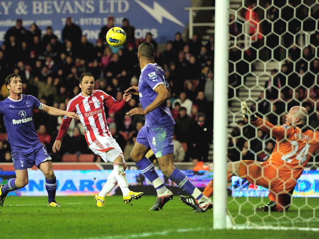 Matthew Etherington scores Stoke City’s second goal against
Spurs yesterday