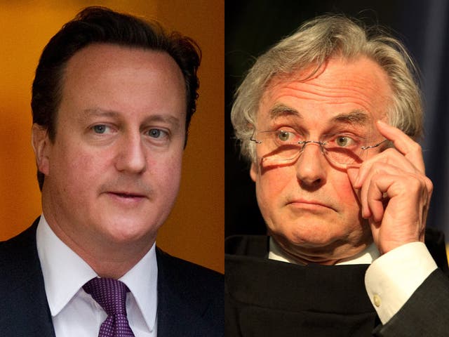 David Cameron has said he has 'a sort of fairly classic Church of England faith' but Richard Dawkins, right, speculated that he is not really a religious believer